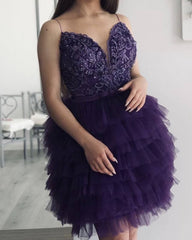Purple Lace Embroidery Ruffles Homecoming Dress