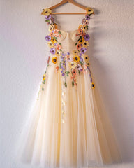 Champagne A-line Tea Length Corset Dress With 3D Flowers