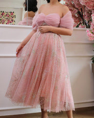 Pink Glitter Tulle Midi Dress