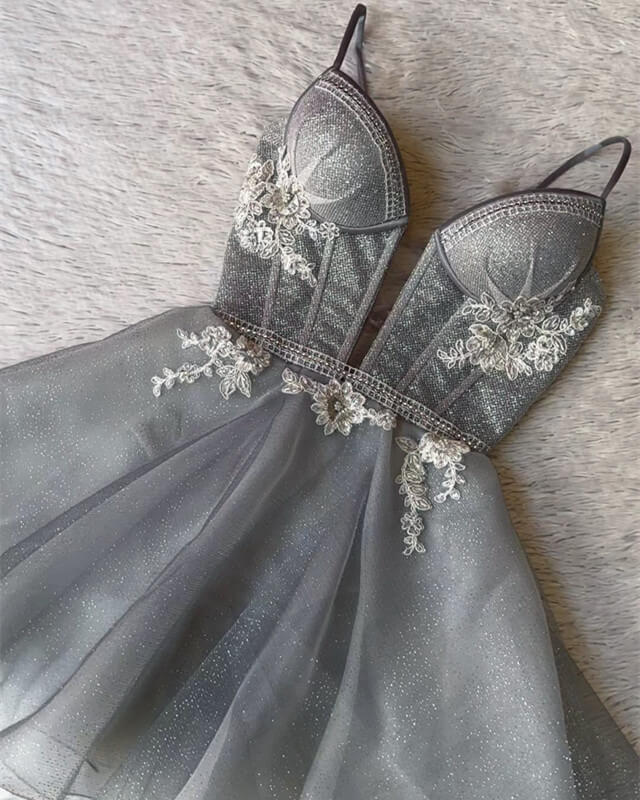 Short Lace Appliques V-neck Silver Sparkly Dress