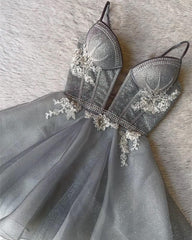 Short Lace Appliques V-neck Silver Sparkly Dress