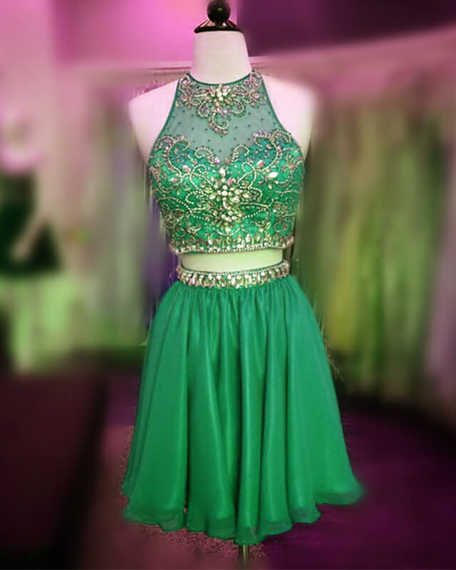 Short Green Two Piece Chiffon Homecoming Dresses Beaded