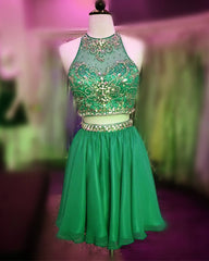 Short Green Two Piece Chiffon Homecoming Dresses Beaded