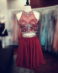 Short Green Two Piece Chiffon Homecoming Dresses Beaded