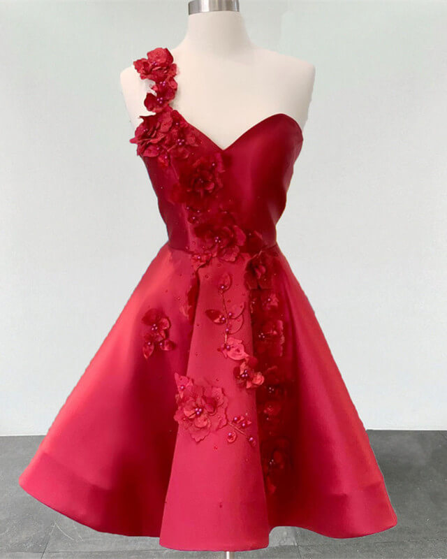 Short One Shoulder Satin Homecoming Dresses With 3D Flowers