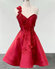 Short One Shoulder Satin Homecoming Dresses With 3D Flowers