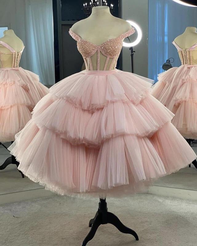 Ball Gown Pearl Corset Tulle Layered Dress - RongMoon