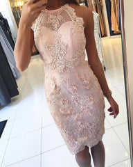 Short Pink Tight Lace Halter Homecoming Dresses