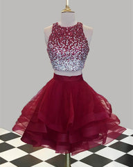 Short Green Two Piece Homecoming Dresses Beaded Ruffles
