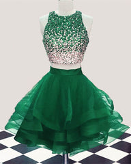 Short Green Two Piece Homecoming Dresses Beaded Ruffles