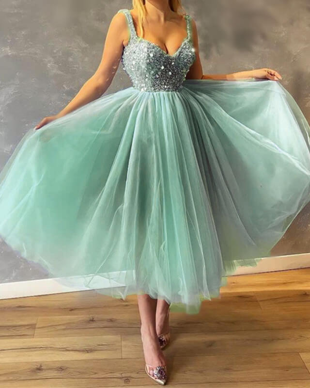 Mint Green Tulle Sequin Beaded Sweetheart Midi Dress