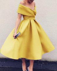 Yellow Tea Length Off The Shoulder Dress - RongMoon