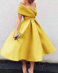 Yellow Tea Length Off The Shoulder Dress - RongMoon