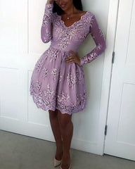 Lavender Long Sleeve Lace Homecoming Dress - RongMoon