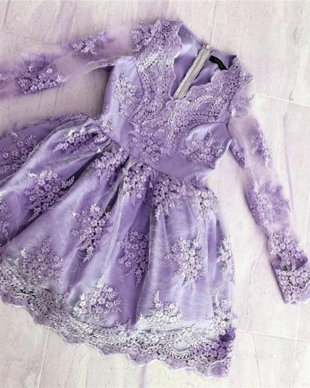 Lavender Long Sleeve Lace Homecoming Dress - RongMoon