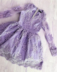 Lavender Long Sleeve Lace Homecoming Dress - RongMoon