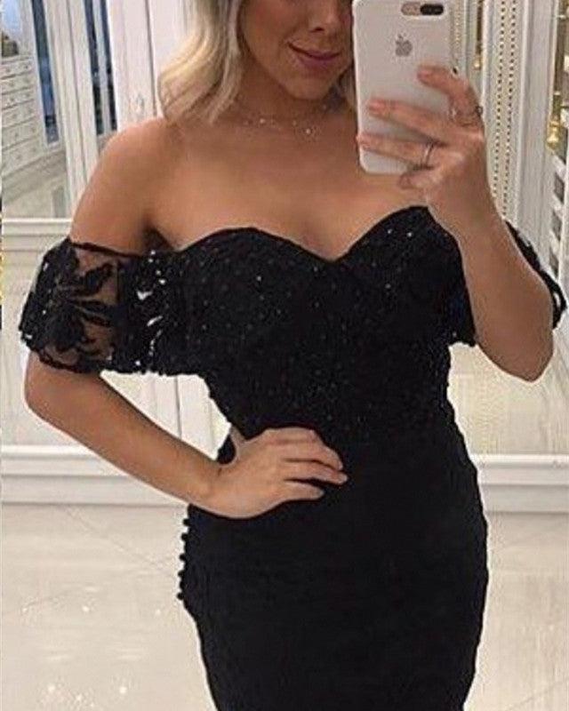 Tight Black Lace Homecoming Dress Off Shoulder - RongMoon