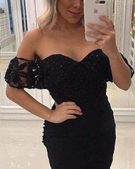 Tight Black Lace Homecoming Dress Off Shoulder - RongMoon