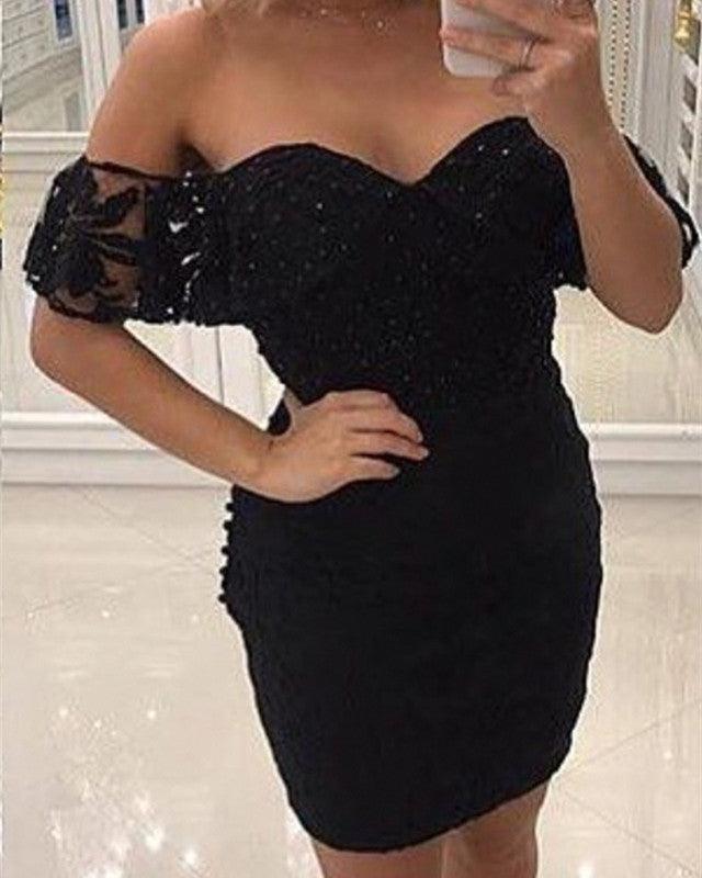 Tight Black Lace Homecoming Dress Off Shoulder - RongMoon