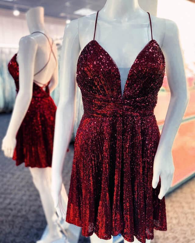Maroon Sequin V-neck Homecoming Dress - RongMoon