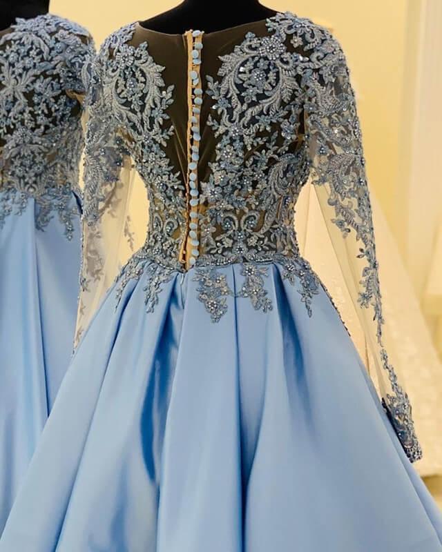 Light Blue Lace Long Sleeve Homecoming Dress - RongMoon