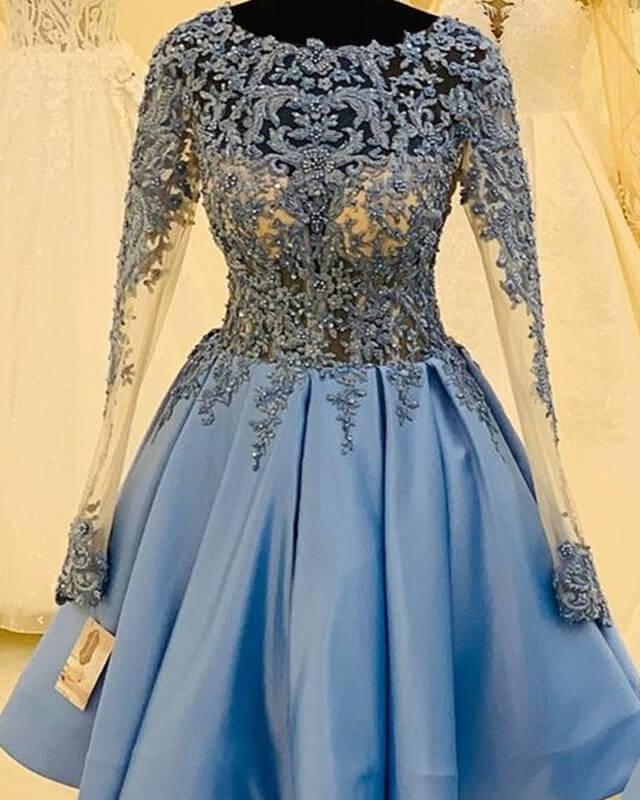 Light Blue Lace Long Sleeve Homecoming Dress - RongMoon
