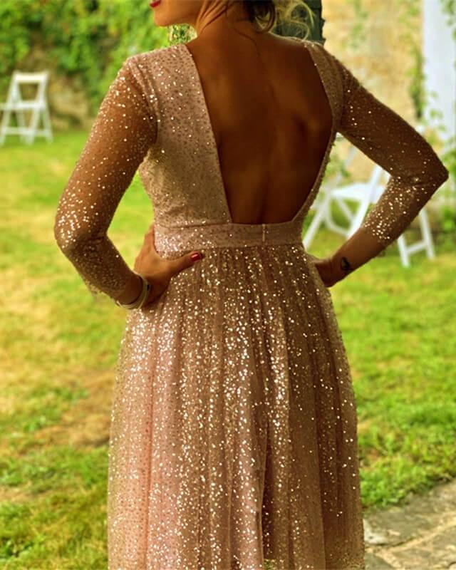 Rose Gold Sparkly Homecoming Dress With Sleeve - RongMoon