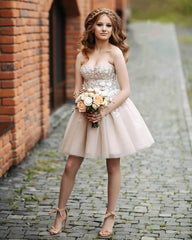 Champagne Tulle Homecoming Dress Lace Embroidery Sweetheart - RongMoon