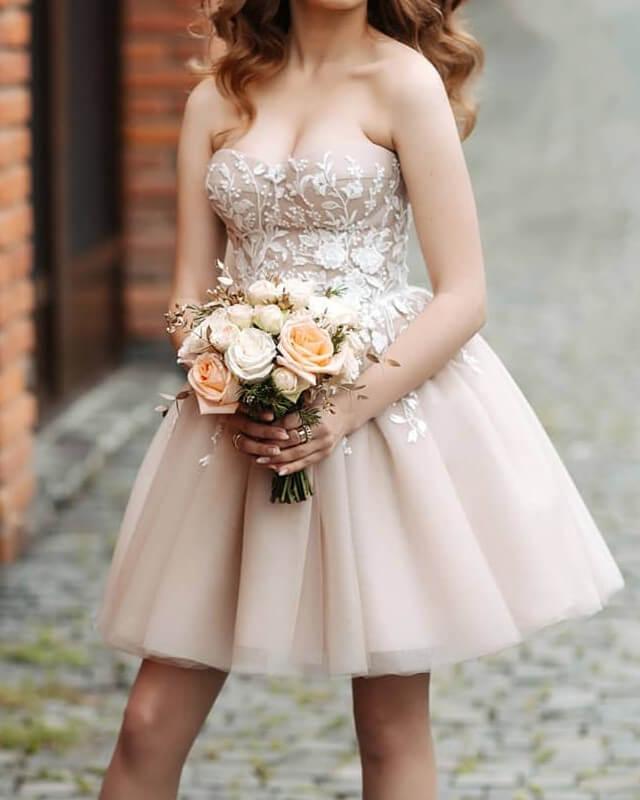 Champagne Tulle Homecoming Dress Lace Embroidery Sweetheart - RongMoon