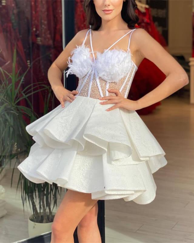 Short WhiteCross Neck Ruffles Corset Dress - RongMoon