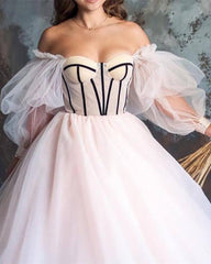 Beige Tulle Puffy Sleeve Ball Gown Corset Dress - RongMoon