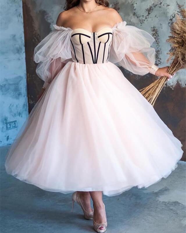 Beige Tulle Puffy Sleeve Ball Gown Corset Dress - RongMoon