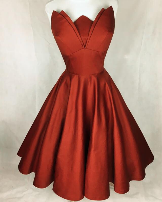 Orange Strapless Knee Length Satin Dress - RongMoon