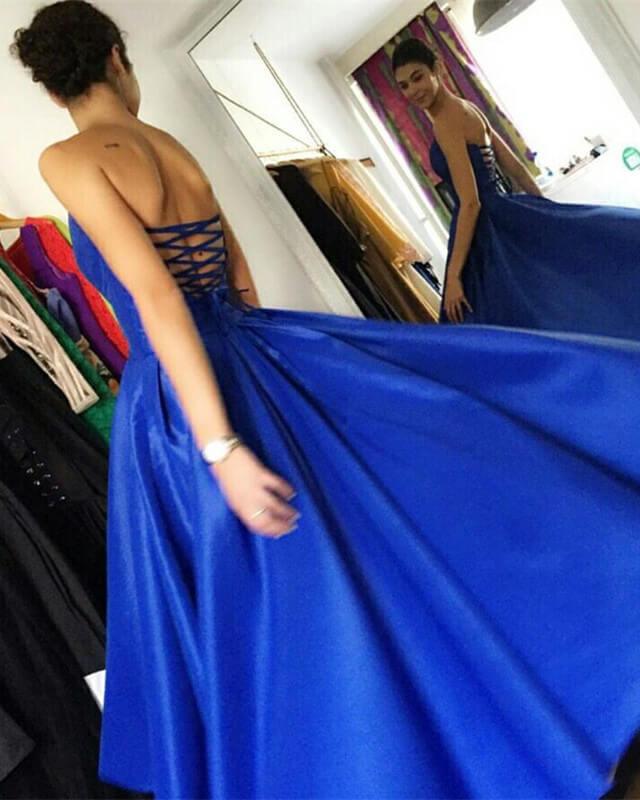 Royal Blue V-neck Corset Back Satin Dress - RongMoon
