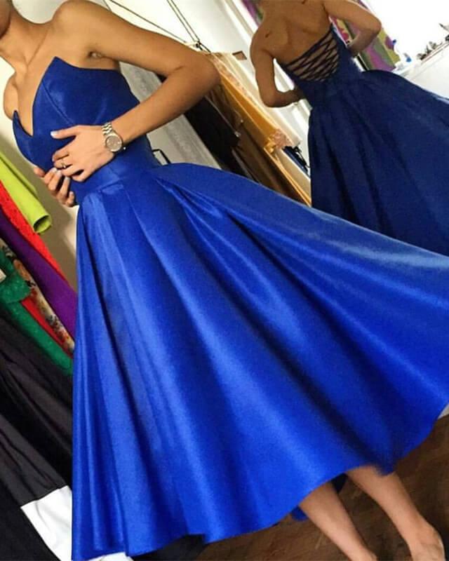 Royal Blue V-neck Corset Back Satin Dress - RongMoon