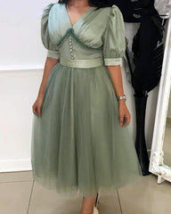 Sage Tulle V-neck Puffy Sleeve Cottagecore Dress - RongMoon