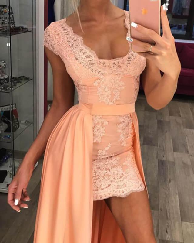 Short Lace Sheath Dress Removable Skirt - RongMoon