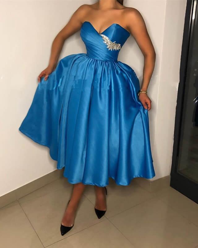 Dark Blue Satin Strapless Tea Length Dress - RongMoon