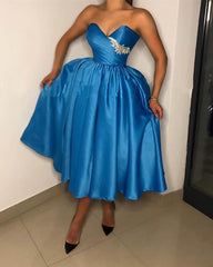 Dark Blue Satin Strapless Tea Length Dress - RongMoon