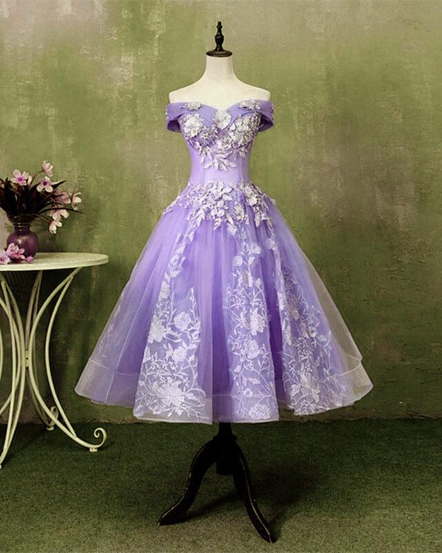 Ball Gown Tea Length Off The Shoulder Embroidery Dress - RongMoon