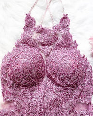 Short Mauve Lace Halter Chiffon Homecoming Dress - RongMoon
