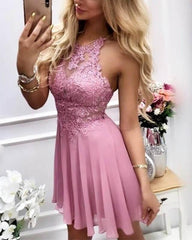 Short Mauve Lace Halter Chiffon Homecoming Dress - RongMoon