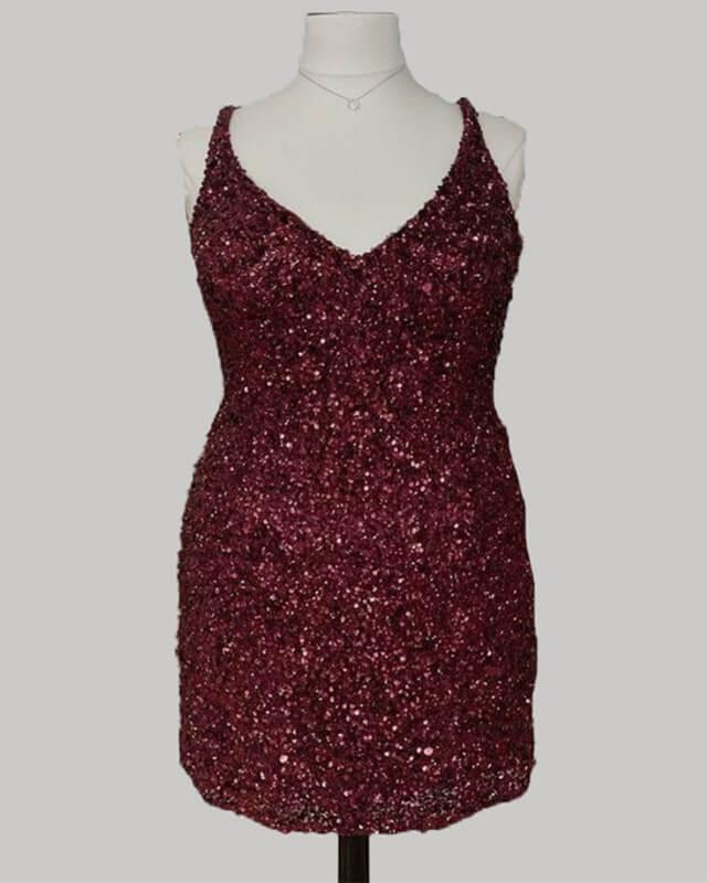 Short Plus Size Burgundy Sequin Dress - RongMoon