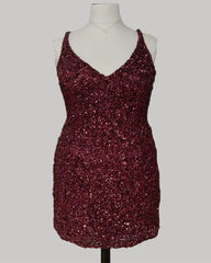 Short Plus Size Burgundy Sequin Dress - RongMoon