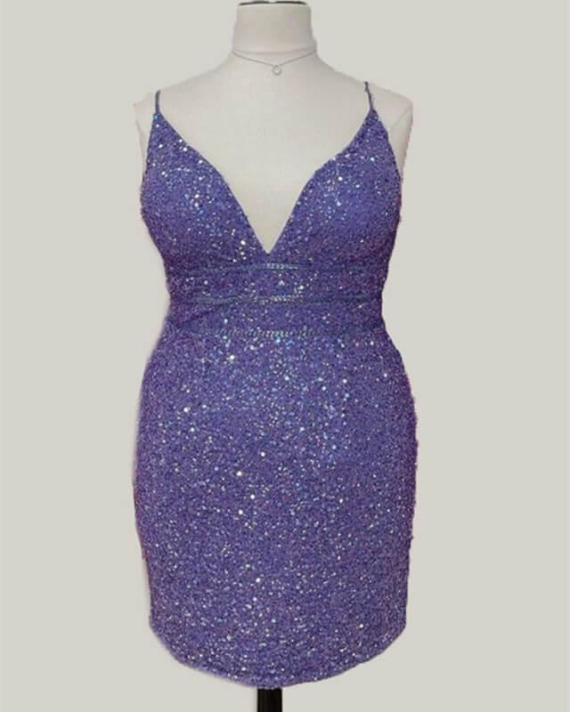 Short Light Purple Plus Size Sequin Bodycon Dress - RongMoon