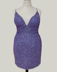 Short Light Purple Plus Size Sequin Bodycon Dress - RongMoon