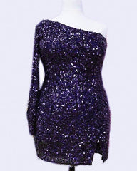 Plus Size Sequin One Sleeve Homecoming Dress - RongMoon