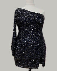 Plus Size Sequin One Sleeve Homecoming Dress - RongMoon