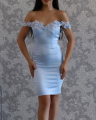 Tight Satin Off The Shoulder Dress With 3D Lace Flowers - RongMoon