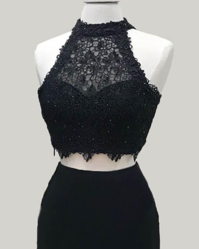 Two Piece Black Homecoming Dress Lace Crop Top - RongMoon